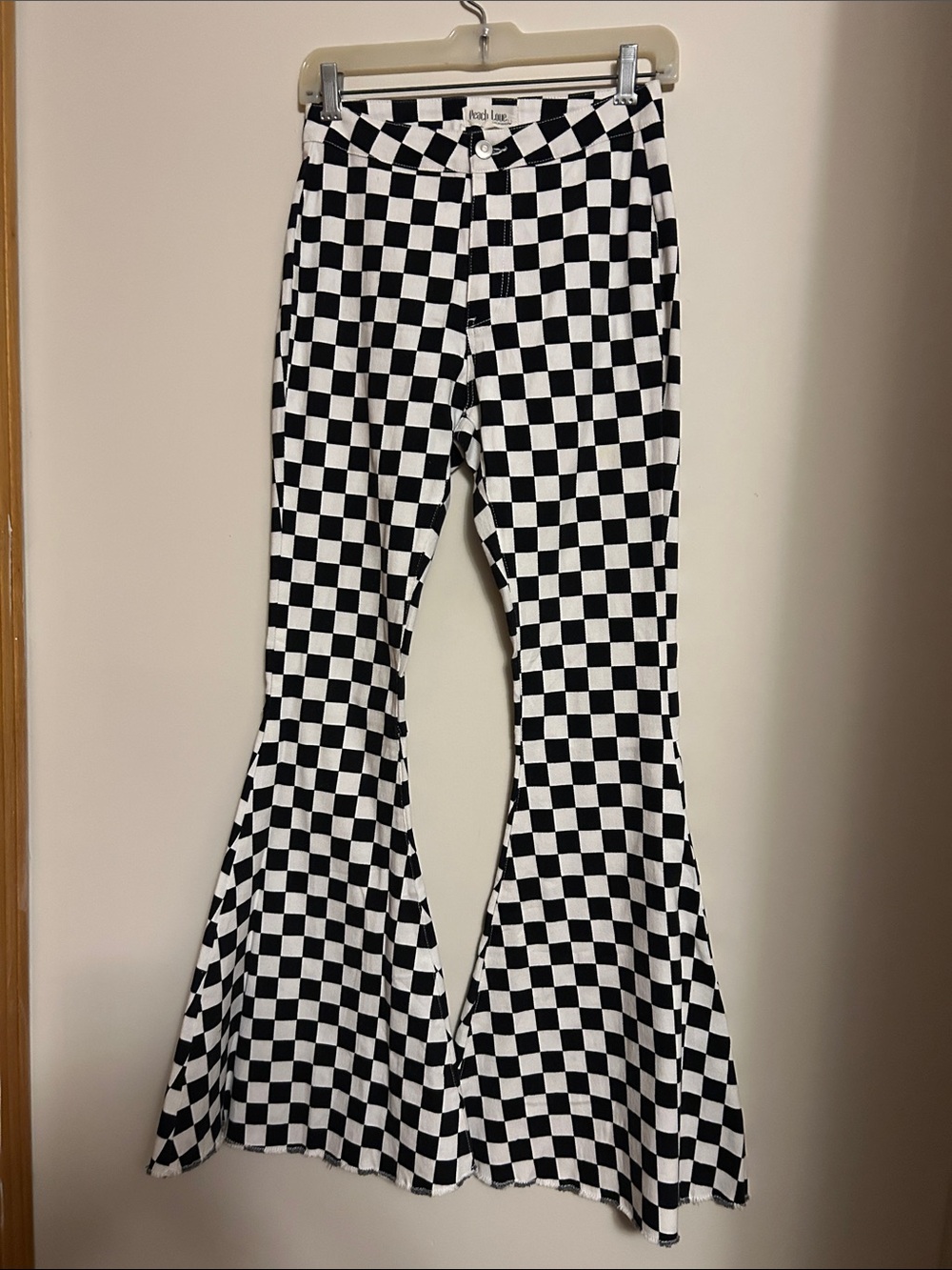 Peach Love Black/White checkerboard wide flare cotton pants size small